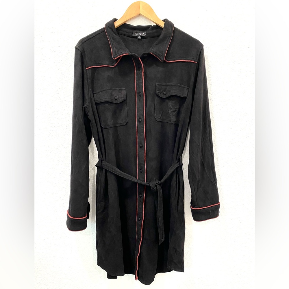 Dear John Dress Women’s Size Large Black Vegan Suede Red Piping Belted Western